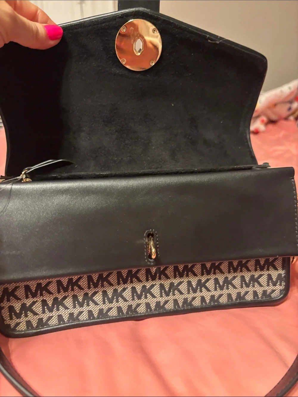 Michael Kors Black and White MK Logo Shoulder Bag with Gold Hardware